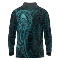 New Zealand Skull Darts Long Sleeve Polo Shirt Aotearoa Maori Chest Tattoo Stylized Teal LT14 - Polynesian Pride