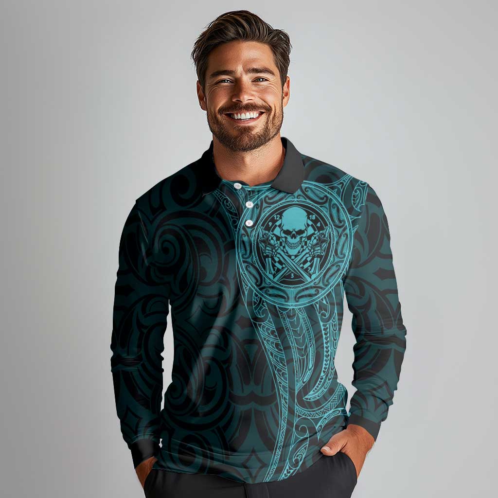 New Zealand Skull Darts Long Sleeve Polo Shirt Aotearoa Maori Chest Tattoo Stylized Teal LT14 - Polynesian Pride