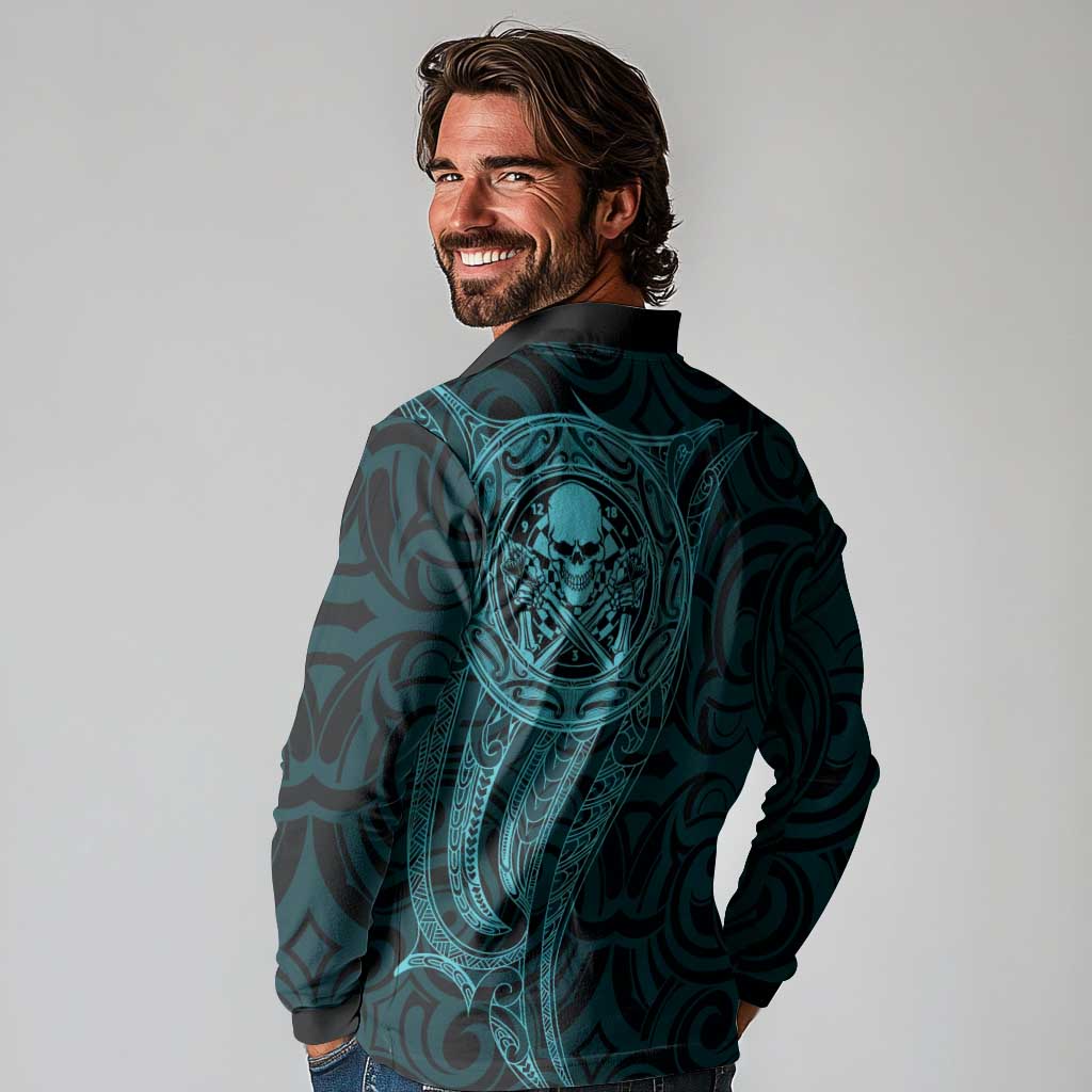 New Zealand Skull Darts Long Sleeve Polo Shirt Aotearoa Maori Chest Tattoo Stylized Teal LT14 - Polynesian Pride