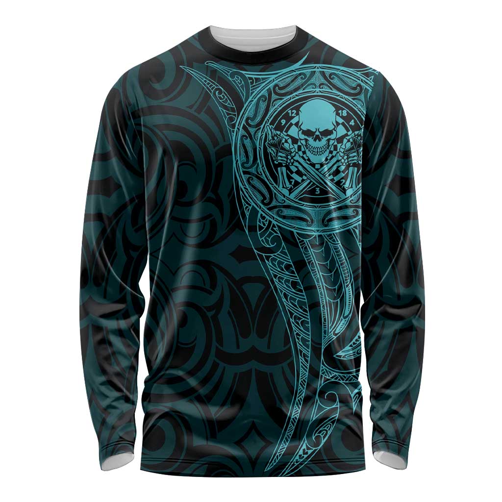 New Zealand Skull Darts Long Sleeve Shirt Aotearoa Maori Chest Tattoo Stylized Teal LT14 Unisex Teal - Polynesian Pride