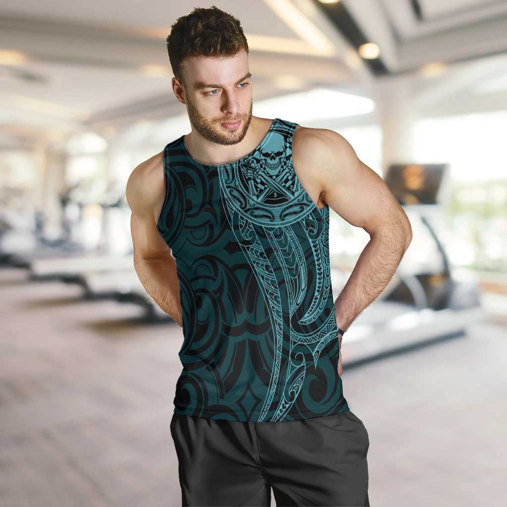 New Zealand Skull Darts Men Tank Top Aotearoa Maori Chest Tattoo Stylized Teal - Polynesian Pride