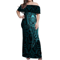 New Zealand Skull Darts Off Shoulder Maxi Dress Aotearoa Maori Chest Tattoo Stylized Teal LT14 Women Teal - Polynesian Pride