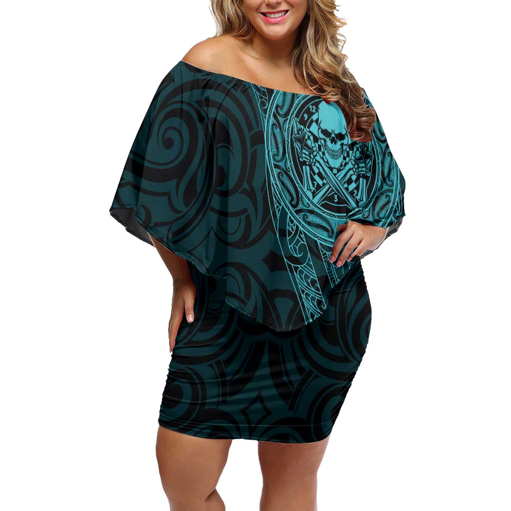 New Zealand Skull Darts Off Shoulder Short Dress Aotearoa Maori Chest Tattoo Stylized Teal LT14 Women Teal - Polynesian Pride