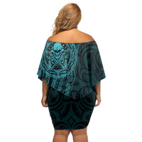 New Zealand Skull Darts Off Shoulder Short Dress Aotearoa Maori Chest Tattoo Stylized Teal LT14 - Polynesian Pride