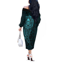 New Zealand Skull Darts Off The Shoulder Long Sleeve Dress Aotearoa Maori Chest Tattoo Stylized Teal LT14 - Polynesian Pride