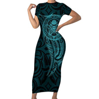 New Zealand Skull Darts Short Sleeve Bodycon Dress Aotearoa Maori Chest Tattoo Stylized Teal LT14 Long Dress Teal - Polynesian Pride