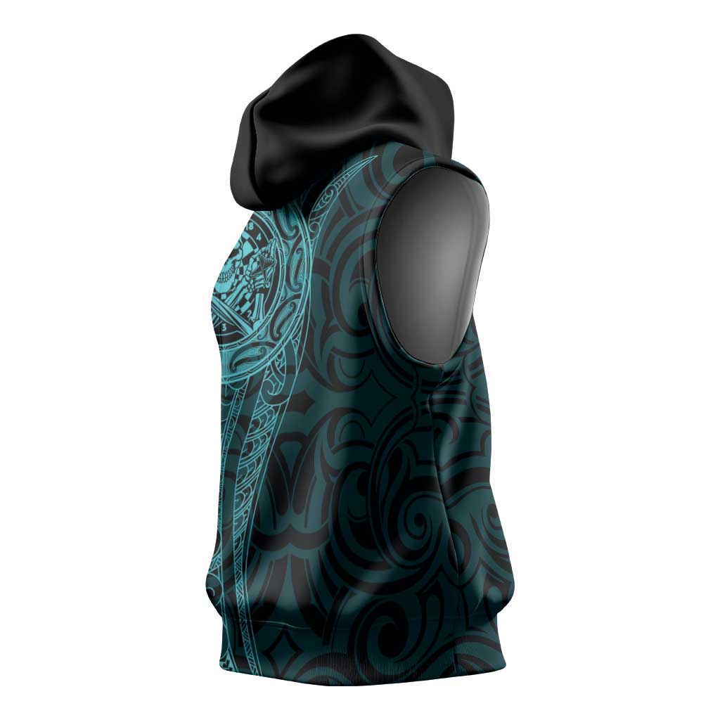 New Zealand Skull Darts Sleeveless Hoodie Aotearoa Maori Chest Tattoo Stylized Teal LT14 - Polynesian Pride