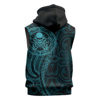 New Zealand Skull Darts Sleeveless Zip Hoodie Aotearoa Maori Chest Tattoo Stylized Teal LT14 - Polynesian Pride