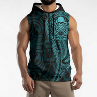 New Zealand Skull Darts Sleeveless Zip Hoodie Aotearoa Maori Chest Tattoo Stylized Teal LT14 - Polynesian Pride