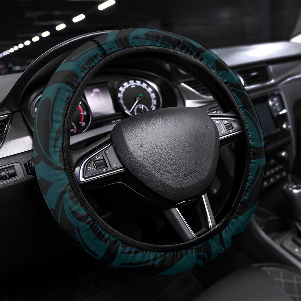 New Zealand Skull Darts Steering Wheel Cover Aotearoa Maori Chest Tattoo Stylized Teal LT14 Universal Fit Teal - Polynesian Pride