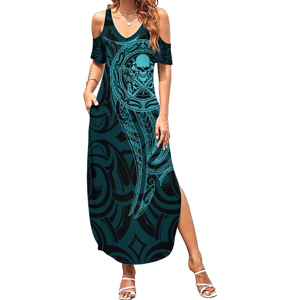 New Zealand Skull Darts Summer Maxi Dress Aotearoa Maori Chest Tattoo Stylized Teal LT14 Women Teal - Polynesian Pride