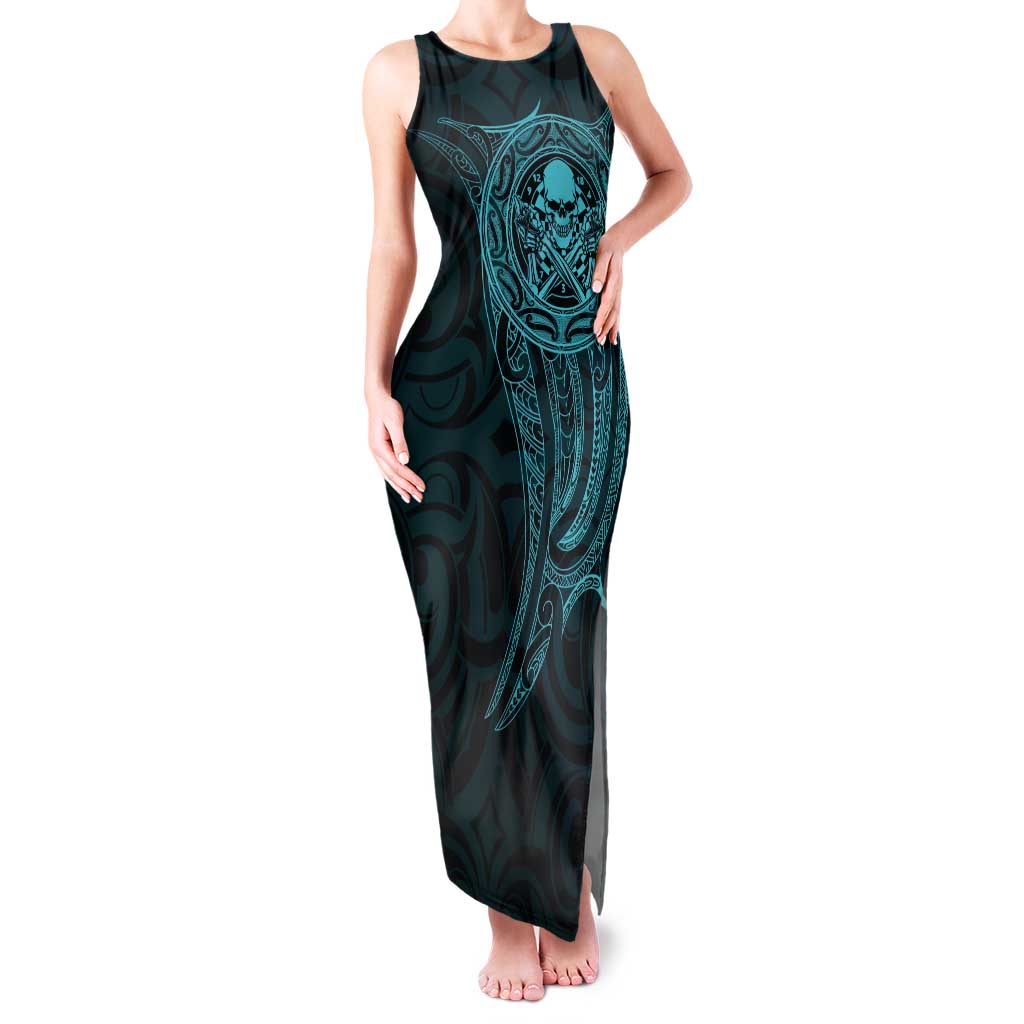 New Zealand Skull Darts Tank Maxi Dress Aotearoa Maori Chest Tattoo Stylized Teal LT14 Women Teal - Polynesian Pride