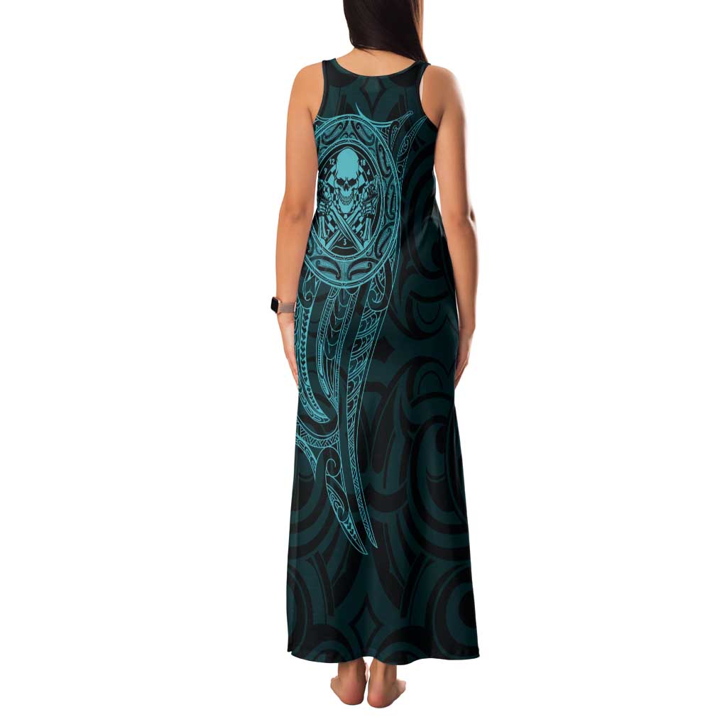 New Zealand Skull Darts Tank Maxi Dress Aotearoa Maori Chest Tattoo Stylized Teal LT14 - Polynesian Pride
