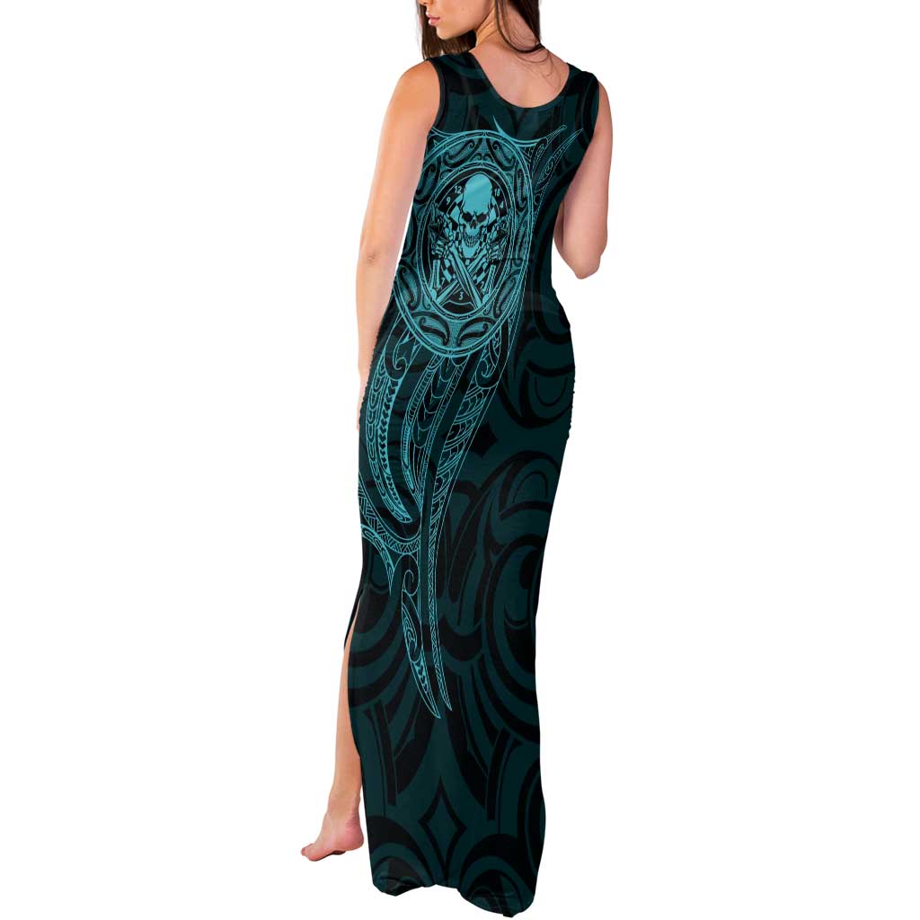 New Zealand Skull Darts Tank Maxi Dress Aotearoa Maori Chest Tattoo Stylized Teal LT14 - Polynesian Pride