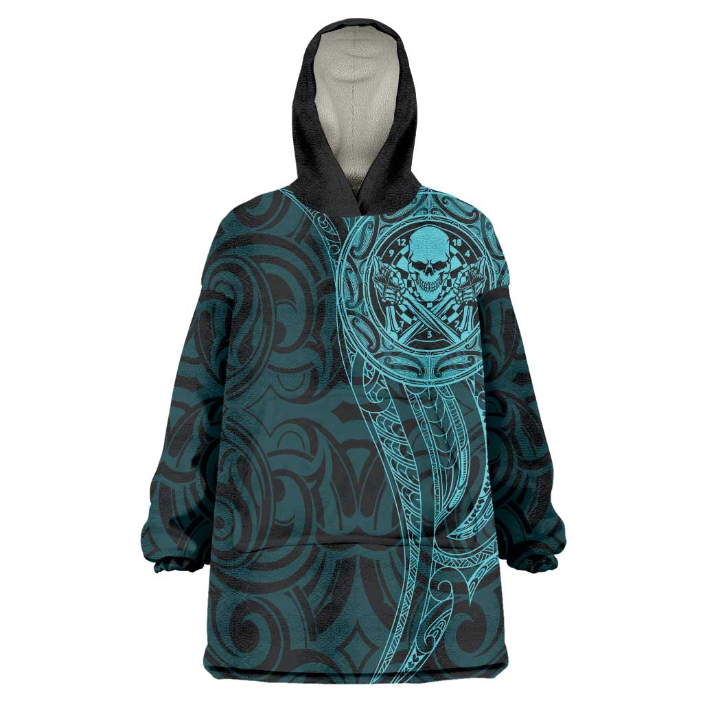 New Zealand Skull Darts Wearable Blanket Hoodie Aotearoa Maori Chest Tattoo Stylized Teal LT14 One Size Teal - Polynesian Pride