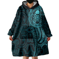 New Zealand Skull Darts Wearable Blanket Hoodie Aotearoa Maori Chest Tattoo Stylized Teal LT14 - Polynesian Pride