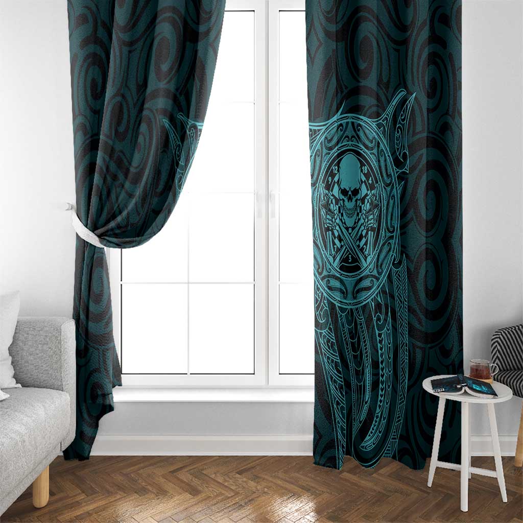 New Zealand Skull Darts Window Curtain Aotearoa Maori Chest Tattoo Stylized Teal - Polynesian Pride