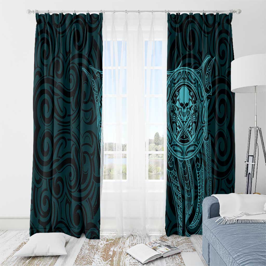 New Zealand Skull Darts Window Curtain Aotearoa Maori Chest Tattoo Stylized Teal - Polynesian Pride