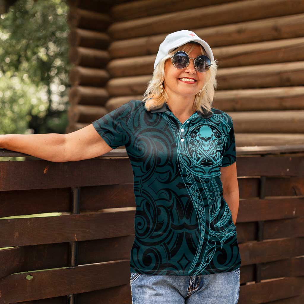 New Zealand Skull Darts Women Polo Shirt Aotearoa Maori Chest Tattoo Stylized Teal - Polynesian Pride
