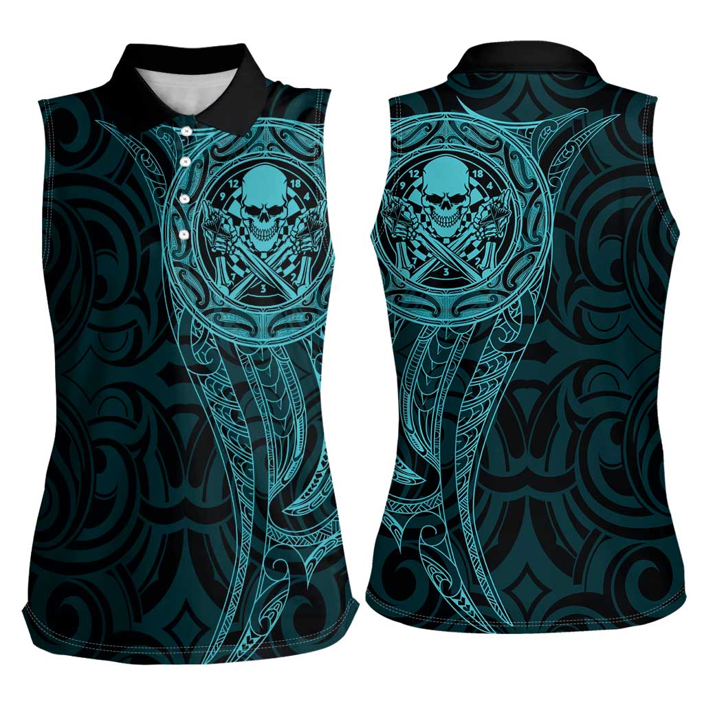 New Zealand Skull Darts Women Sleeveless Polo Shirt Aotearoa Maori Chest Tattoo Stylized Teal LT14 - Polynesian Pride