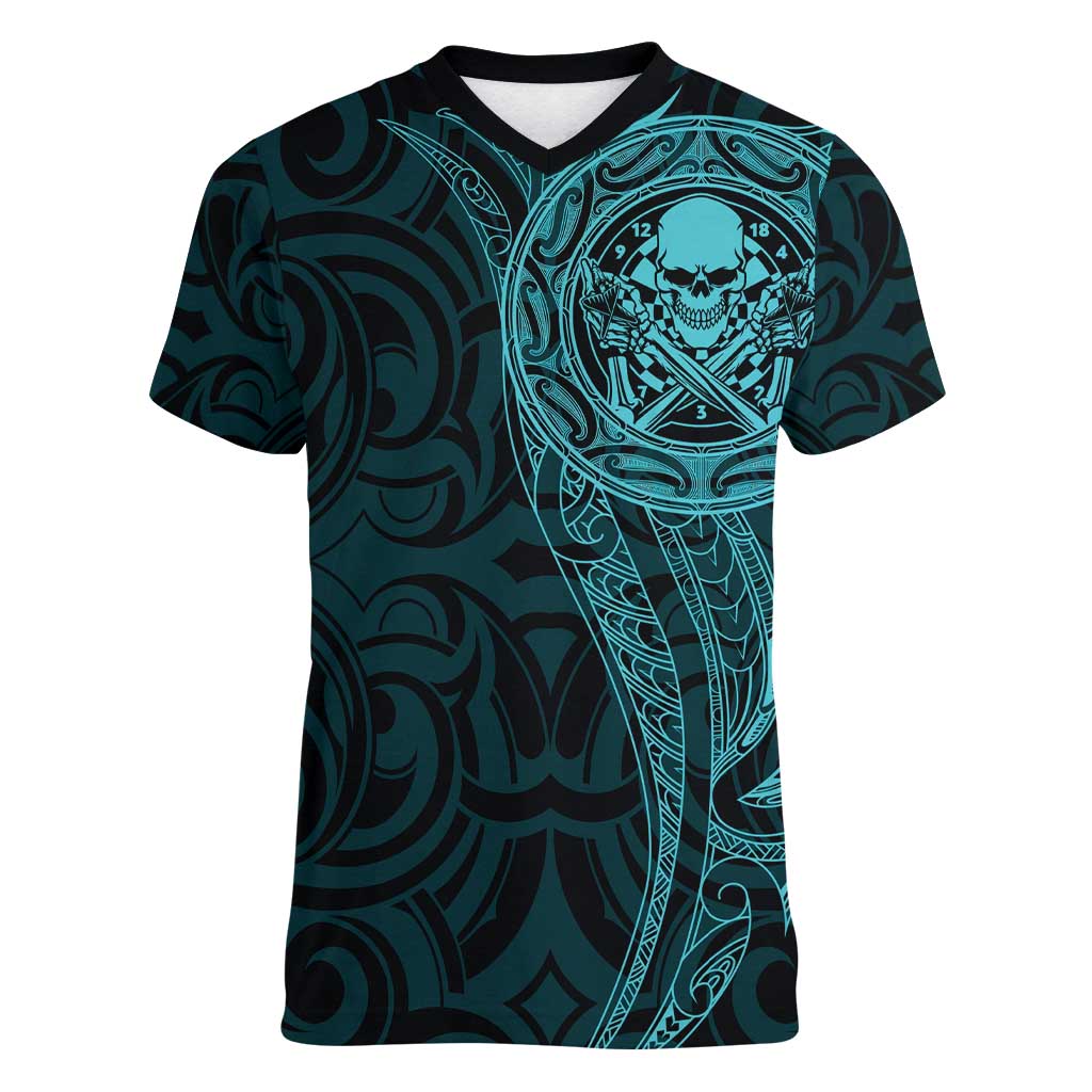 New Zealand Skull Darts Women V-Neck T-Shirt Aotearoa Maori Chest Tattoo Stylized Teal LT14 Female Teal - Polynesian Pride