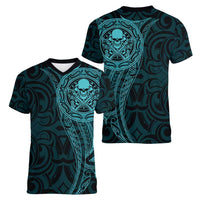 New Zealand Skull Darts Women V-Neck T-Shirt Aotearoa Maori Chest Tattoo Stylized Teal LT14 - Polynesian Pride