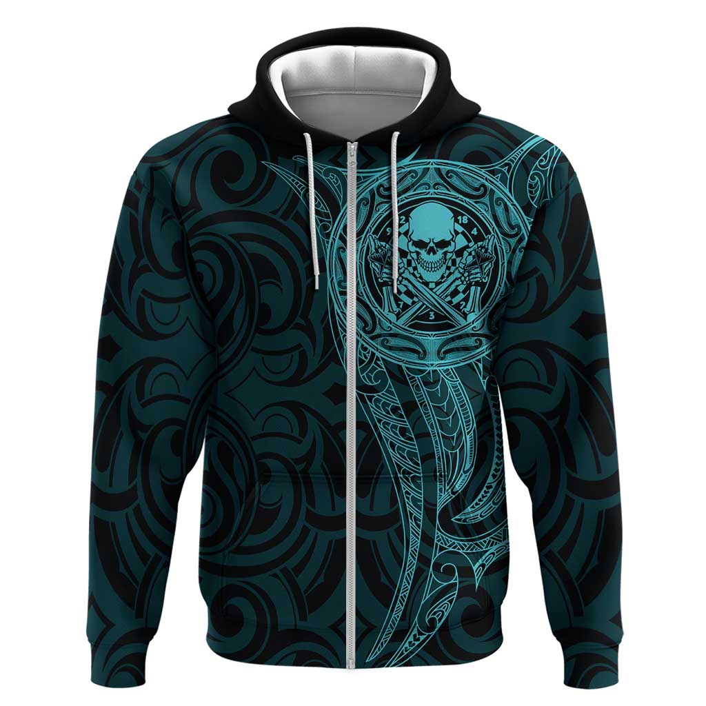 New Zealand Skull Darts Zip Hoodie Aotearoa Maori Chest Tattoo Stylized Teal LT14 Zip Hoodie Teal - Polynesian Pride