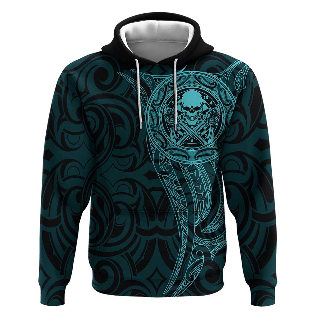 New Zealand Skull Darts Zip Hoodie Aotearoa Maori Chest Tattoo Stylized Teal LT14 Pullover Hoodie Teal - Polynesian Pride