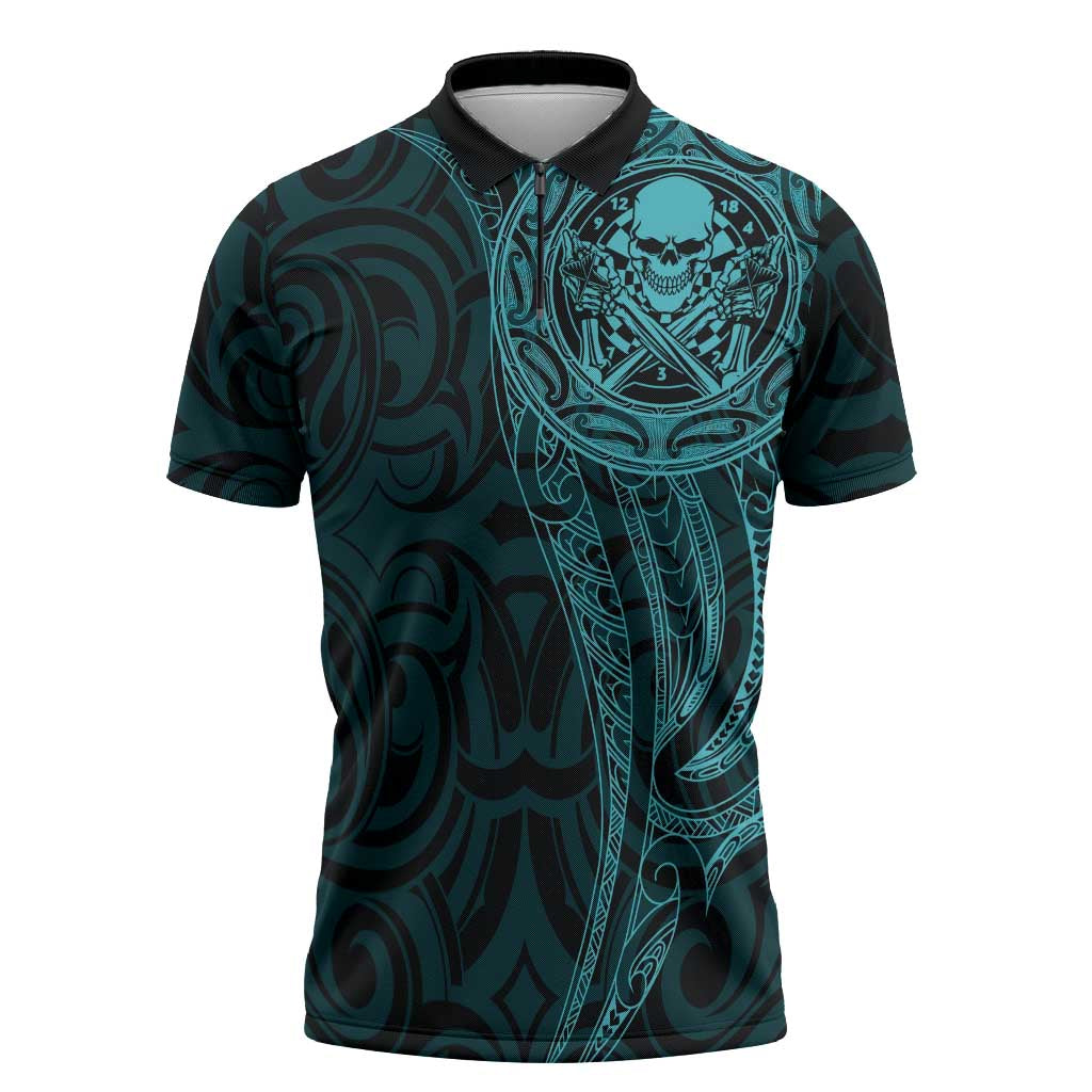 New Zealand Skull Darts Zipper Polo Shirt Aotearoa Maori Chest Tattoo Stylized Teal LT14 Teal - Polynesian Pride