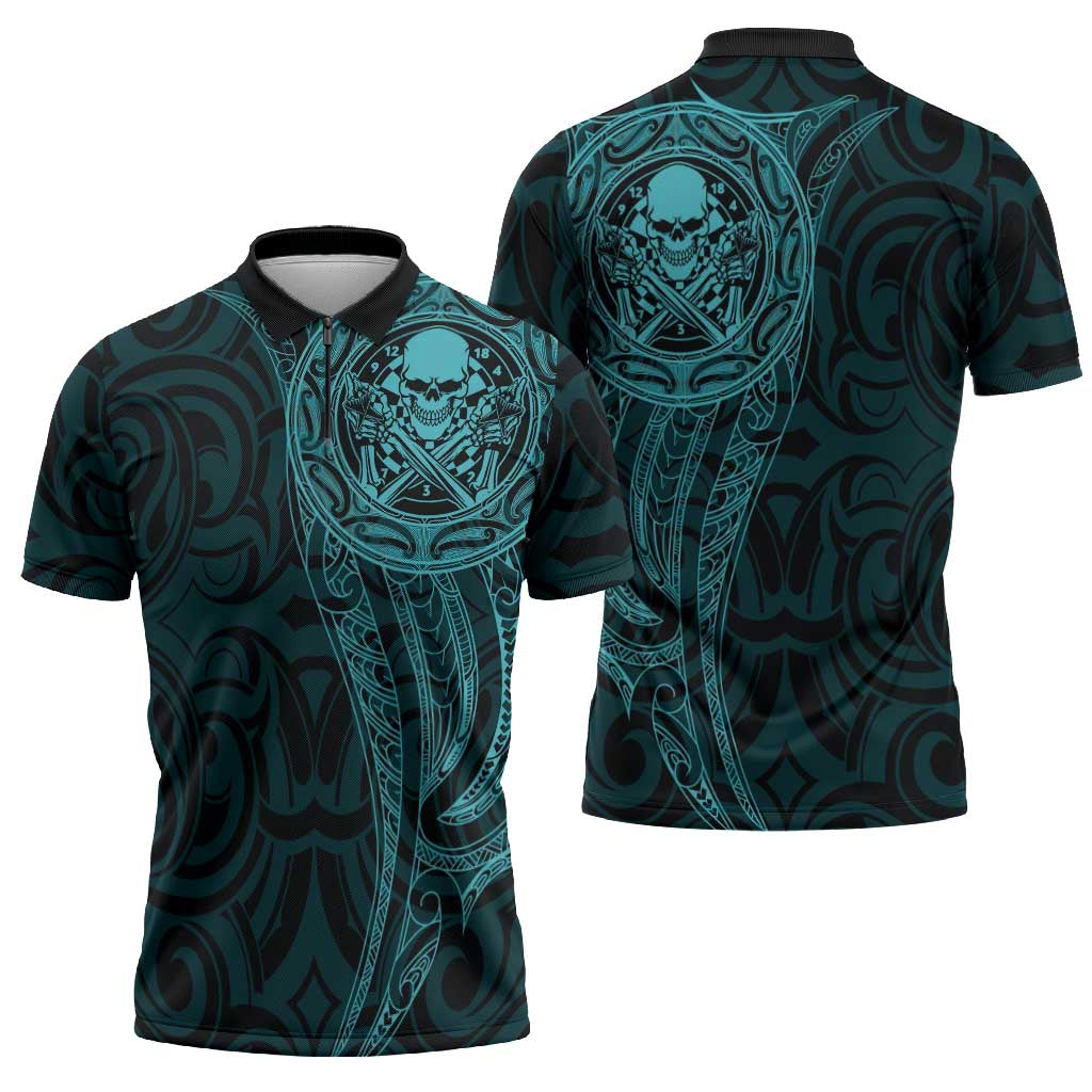 New Zealand Skull Darts Zipper Polo Shirt Aotearoa Maori Chest Tattoo Stylized Teal LT14 - Polynesian Pride