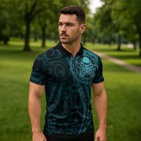 New Zealand Skull Darts Zipper Polo Shirt Aotearoa Maori Chest Tattoo Stylized Teal LT14 - Polynesian Pride