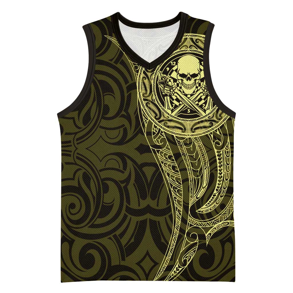 New Zealand Skull Darts Basketball Jersey Aotearoa Maori Chest Tattoo Stylized Gold LT14 Unisex Gold - Polynesian Pride