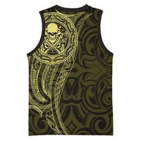 New Zealand Skull Darts Basketball Jersey Aotearoa Maori Chest Tattoo Stylized Gold LT14 - Polynesian Pride