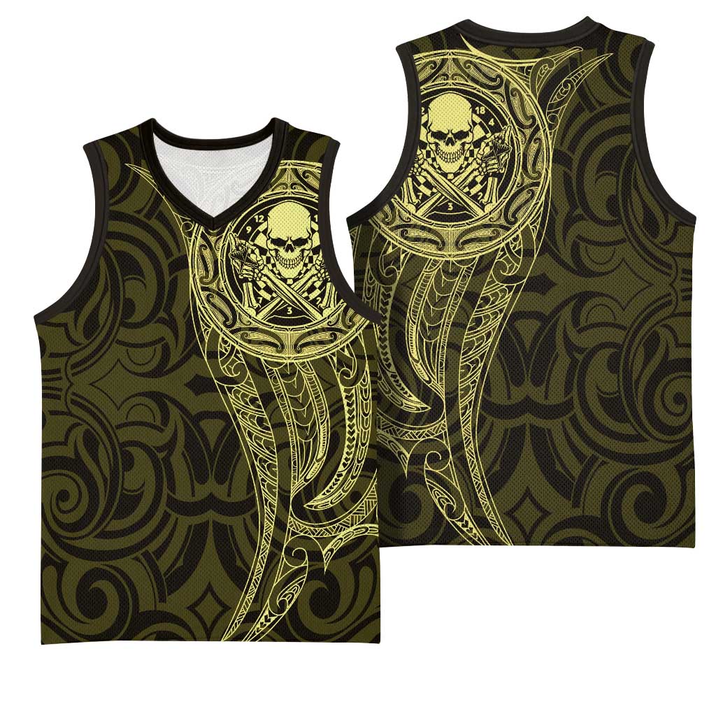 New Zealand Skull Darts Basketball Jersey Aotearoa Maori Chest Tattoo Stylized Gold LT14 - Polynesian Pride