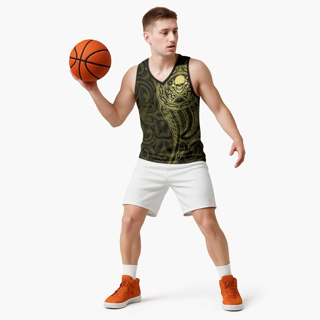New Zealand Skull Darts Basketball Jersey Aotearoa Maori Chest Tattoo Stylized Gold LT14 - Polynesian Pride