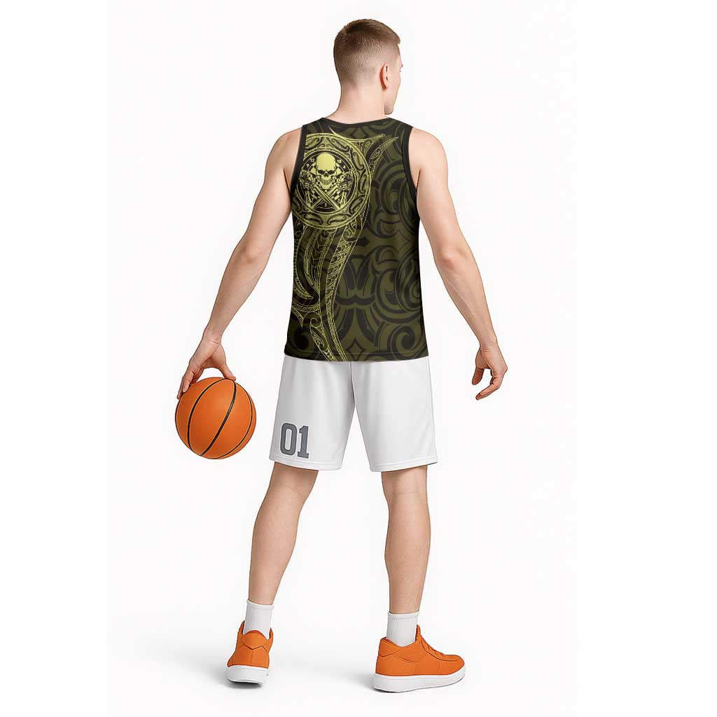 New Zealand Skull Darts Basketball Jersey Aotearoa Maori Chest Tattoo Stylized Gold LT14 - Polynesian Pride