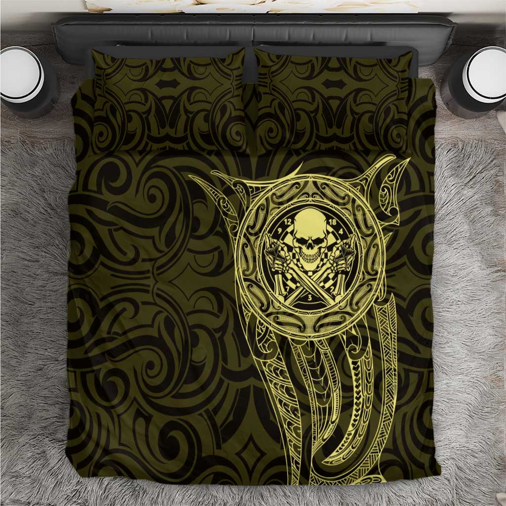 New Zealand Skull Darts Bedding Set Aotearoa Maori Chest Tattoo Stylized Gold - Polynesian Pride