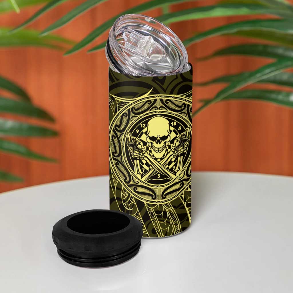 New Zealand Skull Darts 4 in 1 Can Cooler Tumbler Aotearoa Maori Chest Tattoo Stylized Gold LT14 - Polynesian Pride