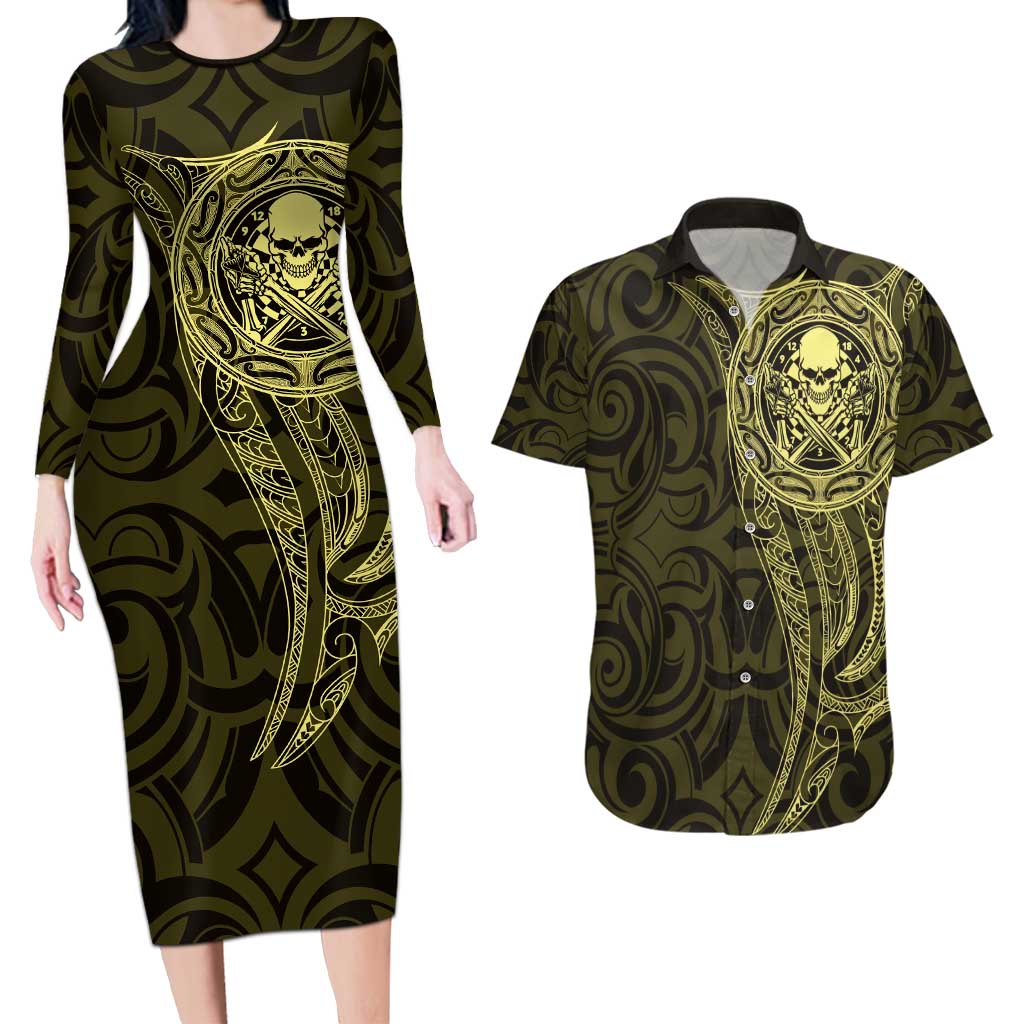 New Zealand Skull Darts Couples Matching Long Sleeve Bodycon Dress and Hawaiian Shirt Aotearoa Maori Chest Tattoo Stylized Gold LT14 Gold - Polynesian Pride