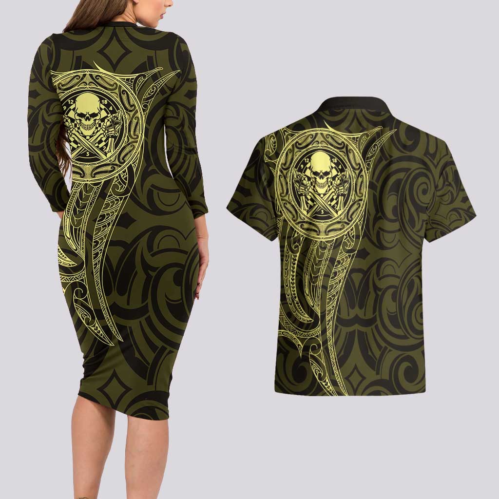 New Zealand Skull Darts Couples Matching Long Sleeve Bodycon Dress and Hawaiian Shirt Aotearoa Maori Chest Tattoo Stylized Gold LT14 - Polynesian Pride