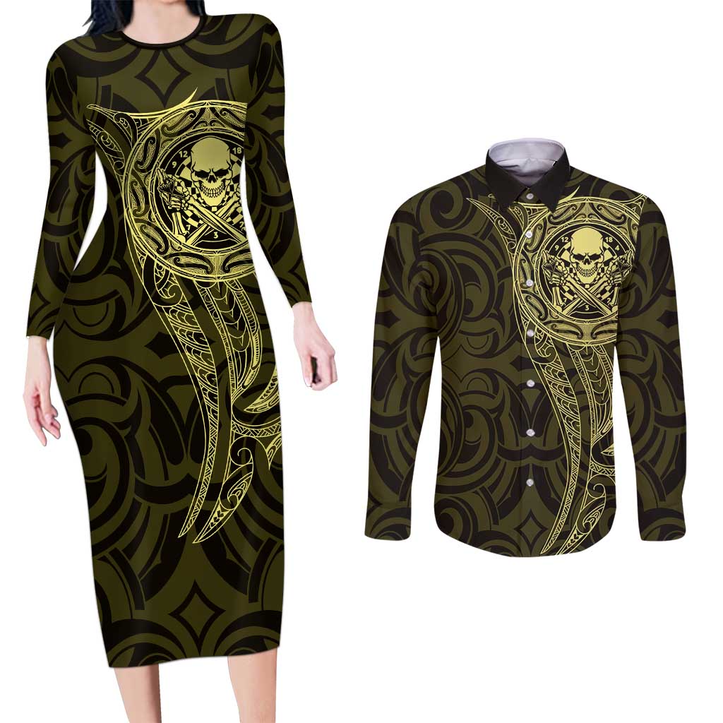 New Zealand Skull Darts Couples Matching Long Sleeve Bodycon Dress and Long Sleeve Button Shirt Aotearoa Maori Chest Tattoo Stylized Gold LT14 Gold - Polynesian Pride