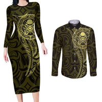New Zealand Skull Darts Couples Matching Long Sleeve Bodycon Dress and Long Sleeve Button Shirt Aotearoa Maori Chest Tattoo Stylized Gold LT14 Gold - Polynesian Pride