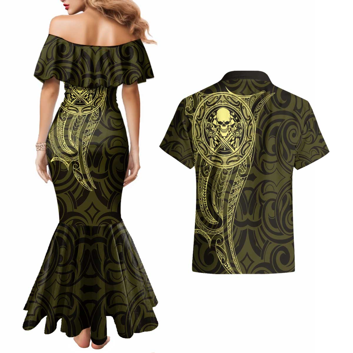 New Zealand Skull Darts Couples Matching Mermaid Dress and Hawaiian Shirt Aotearoa Maori Chest Tattoo Stylized Gold LT14 - Polynesian Pride