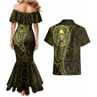New Zealand Skull Darts Couples Matching Mermaid Dress and Hawaiian Shirt Aotearoa Maori Chest Tattoo Stylized Gold LT14 - Polynesian Pride