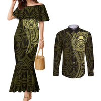 New Zealand Skull Darts Couples Matching Mermaid Dress and Long Sleeve Button Shirt Aotearoa Maori Chest Tattoo Stylized Gold LT14 Gold - Polynesian Pride