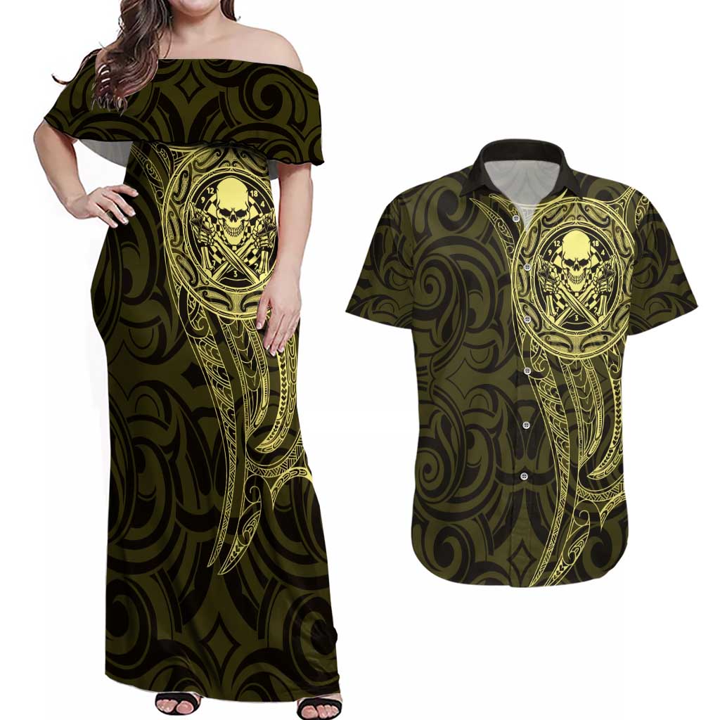 New Zealand Skull Darts Couples Matching Off Shoulder Maxi Dress and Hawaiian Shirt Aotearoa Maori Chest Tattoo Stylized Gold LT14 Gold - Polynesian Pride