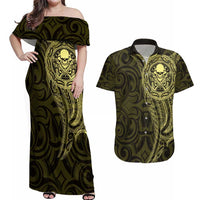 New Zealand Skull Darts Couples Matching Off Shoulder Maxi Dress and Hawaiian Shirt Aotearoa Maori Chest Tattoo Stylized Gold LT14 Gold - Polynesian Pride