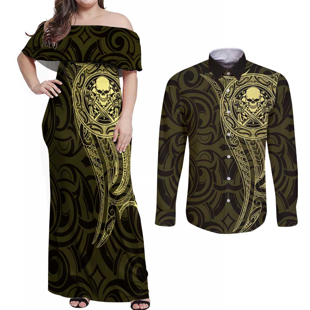 New Zealand Skull Darts Couples Matching Off Shoulder Maxi Dress and Long Sleeve Button Shirt Aotearoa Maori Chest Tattoo Stylized Gold LT14 Gold - Polynesian Pride