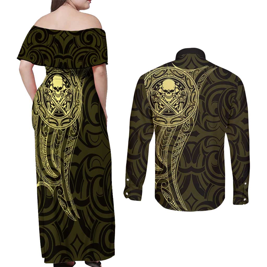 New Zealand Skull Darts Couples Matching Off Shoulder Maxi Dress and Long Sleeve Button Shirt Aotearoa Maori Chest Tattoo Stylized Gold LT14 - Polynesian Pride