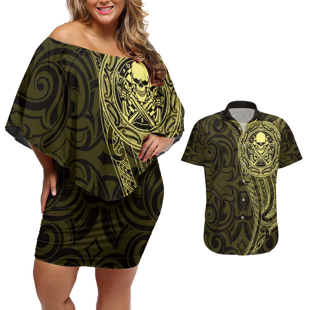 New Zealand Skull Darts Couples Matching Off Shoulder Short Dress and Hawaiian Shirt Aotearoa Maori Chest Tattoo Stylized Gold LT14 Gold - Polynesian Pride